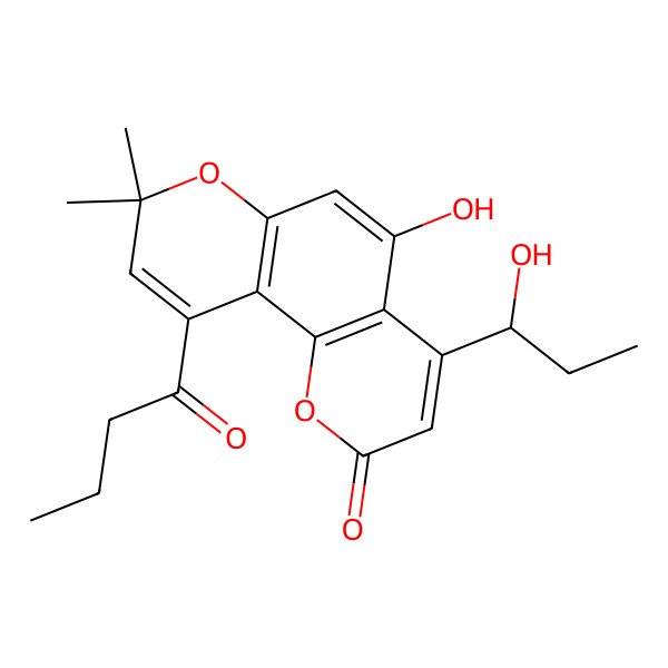 2D Structure of 10-butanoyl-5-hydroxy-4-[(1S)-1-hydroxypropyl]-8,8-dimethylpyrano[2,3-h]chromen-2-one