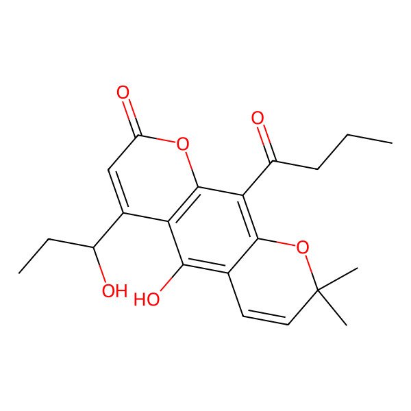 2D Structure of 10-Butanoyl-5-hydroxy-6-(1-hydroxypropyl)-2,2-dimethylpyrano[3,2-g]chromen-8-one