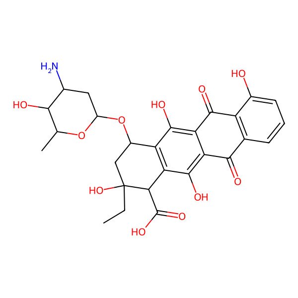 2D Structure of (1R,2R,4S)-4-((3-Amino-2,3,6-trideoxy-alpha-L-lyxo-hexopyranosyl)oxy)-2-ethyl-1,2,3,4,6,11-hexahydro-2,5,7,12-tetrahydroxy-6,11-dioxo-1-naphthacenecarboxylic acid