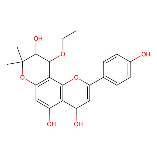2D Structure of 10-ethoxy-2-(4-hydroxyphenyl)-8,8-dimethyl-9,10-dihydro-4H-pyrano[2,3-h]chromene-4,5,9-triol