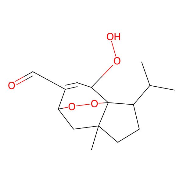 2D Structure of 10-Hydroperoxy-5-methyl-2-propan-2-yl-11,12-dioxatricyclo[5.3.2.01,5]dodec-8-ene-8-carbaldehyde