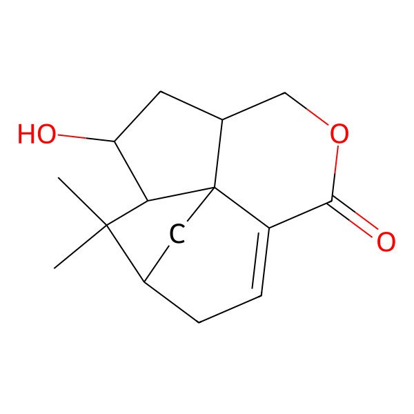 2D Structure of 10-Hydroxy-14,14-dimethyl-6-oxatetracyclo[9.2.1.04,12.08,12]tetradec-3-en-5-one