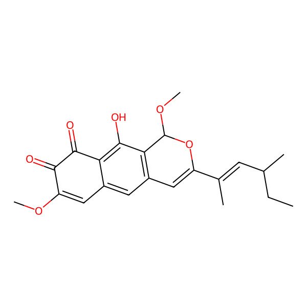 2D Structure of 10-hydroxy-1,7-dimethoxy-3-(4-methylhex-2-en-2-yl)-1H-benzo[g]isochromene-8,9-dione