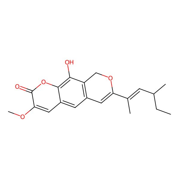 2D Structure of 10-hydroxy-3-methoxy-7-(4-methylhex-2-en-2-yl)-9H-pyrano[4,3-g]chromen-2-one