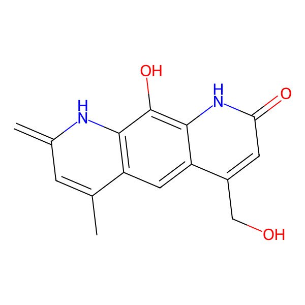 2D Structure of 10-Hydroxy-4-(hydroxymethyl)-6-methyl-8-methylidene-1,9-dihydropyrido[3,2-g]quinolin-2-one