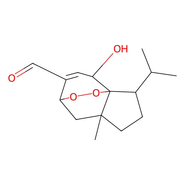 2D Structure of 10-Hydroxy-5-methyl-2-propan-2-yl-11,12-dioxatricyclo[5.3.2.01,5]dodec-8-ene-8-carbaldehyde