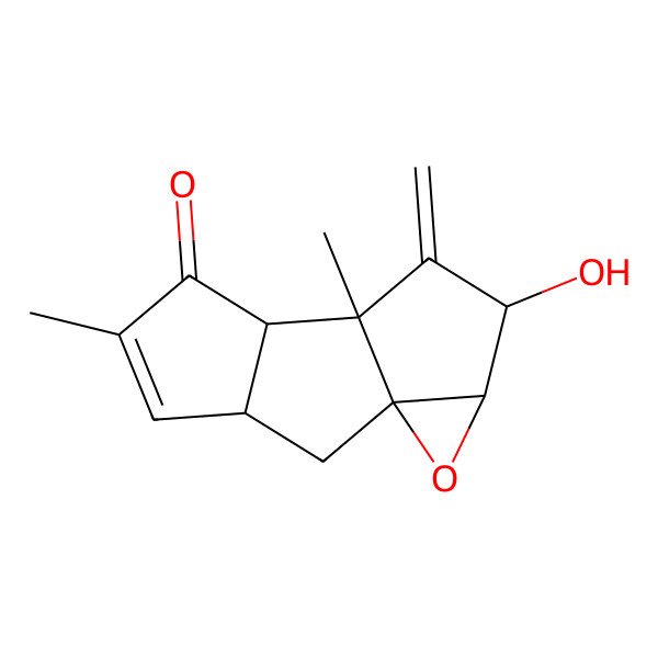2D Structure of 10-Hydroxy-5,8-dimethyl-9-methylidene-12-oxatetracyclo[6.4.0.01,11.03,7]dodec-4-en-6-one