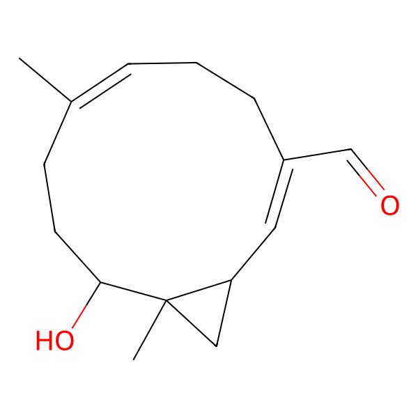2D Structure of 10-Hydroxy-7,11-dimethylbicyclo[9.1.0]dodeca-2,6-diene-3-carbaldehyde