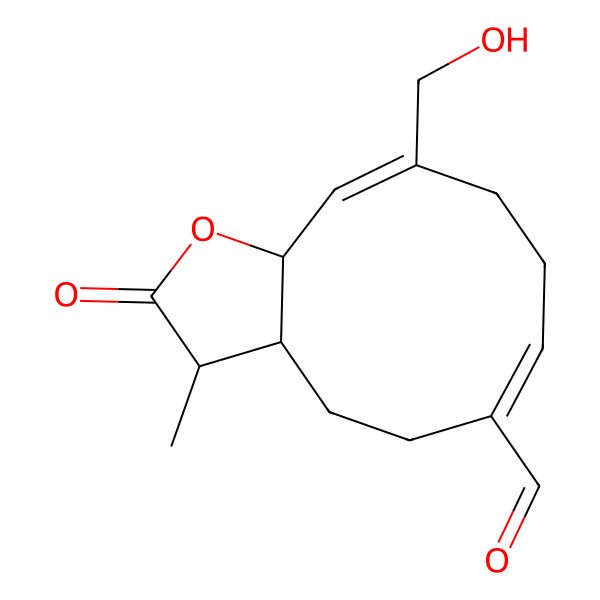 2D Structure of 10-(hydroxymethyl)-3-methyl-2-oxo-3a,4,5,8,9,11a-hexahydro-3H-cyclodeca[b]furan-6-carbaldehyde
