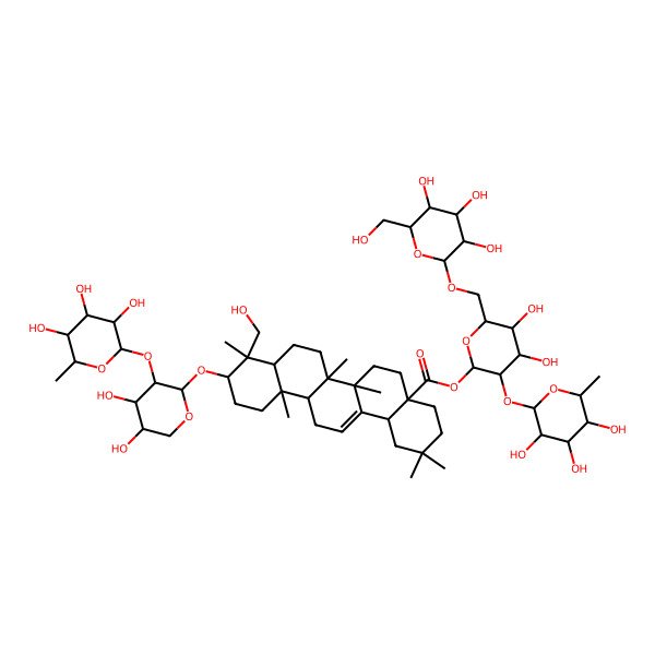 2D Structure of [(2S,3R,4S,5S,6R)-4,5-dihydroxy-6-[[(2R,3R,4S,5S,6R)-3,4,5-trihydroxy-6-(hydroxymethyl)oxan-2-yl]oxymethyl]-3-[(2S,3R,4R,5R,6S)-3,4,5-trihydroxy-6-methyloxan-2-yl]oxyoxan-2-yl] (4aS,6aR,6aS,6bR,8aR,9R,10S,12aR,14bS)-10-[(2S,3R,4S,5S)-4,5-dihydroxy-3-[(2S,3R,4R,5R,6S)-3,4,5-trihydroxy-6-methyloxan-2-yl]oxyoxan-2-yl]oxy-9-(hydroxymethyl)-2,2,6a,6b,9,12a-hexamethyl-1,3,4,5,6,6a,7,8,8a,10,11,12,13,14b-tetradecahydropicene-4a-carboxylate