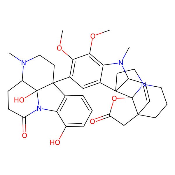 2D Structure of 9-(14,16-Dihydroxy-6-methyl-2-oxo-1,6-diazatetracyclo[7.6.1.05,16.010,15]hexadeca-10(15),11,13-trien-9-yl)-7,8-dimethoxy-5-methyl-17-oxa-5,15-diazahexacyclo[13.4.3.01,16.04,12.06,11.012,16]docosa-2,6,8,10-tetraen-18-one