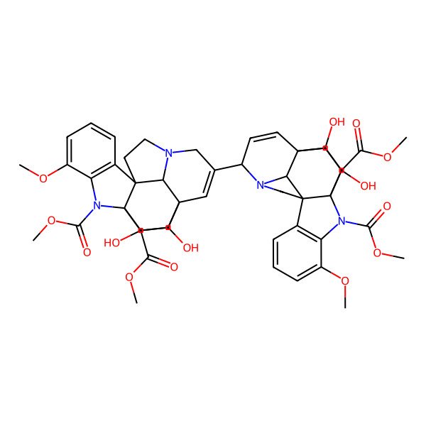 2D Structure of dimethyl (1S,9R,13S,16R,17R,18R,21R)-13-[(1S,9R,16R,17R,18R,21R)-17,18-dihydroxy-4-methoxy-2,18-bis(methoxycarbonyl)-2,12-diazahexacyclo[14.2.2.19,12.01,9.03,8.016,21]henicosa-3(8),4,6,14-tetraen-14-yl]-17,18-dihydroxy-4-methoxy-2,12-diazahexacyclo[14.2.2.19,12.01,9.03,8.016,21]henicosa-3(8),4,6,14-tetraene-2,18-dicarboxylate