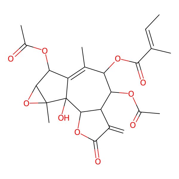2D Structure of (7,11-Diacetyloxy-1-hydroxy-9,14-dimethyl-5-methylidene-4-oxo-3,13-dioxatetracyclo[8.4.0.02,6.012,14]tetradec-9-en-8-yl) 2-methylbut-2-enoate