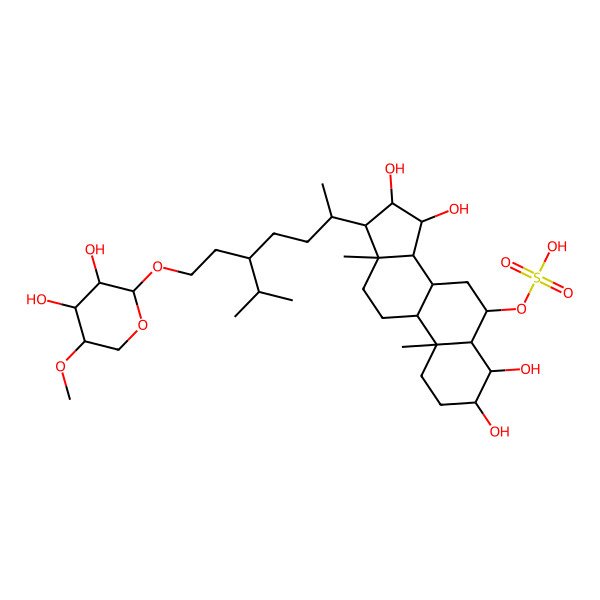 2D Structure of [(3S,4R,5R,6S,8R,9S,10R,13R,14S,15S,16R,17R)-17-[(1R,4R)-4-[2-[(2R,3R,4R,5R)-3,4-dihydroxy-5-methoxy-tetrahydropyran-2-yl]oxyethyl]-1,5-dimethyl-hexyl]-3,4,15,16-tetrahydroxy-10,13-dimethyl-2,3,4,5,6,7,8,9,11,12,14,15,16,17-tetradecahydro-1H-cyclopenta[a]phenanthren-6-yl] hydrogen sulfate