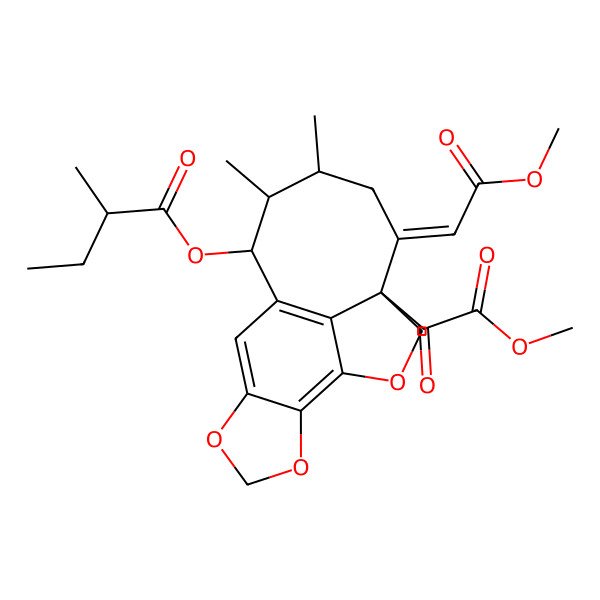 2D Structure of [4-(2-Methoxy-2-oxoacetyl)-5-(2-methoxy-2-oxoethylidene)-7,8-dimethyl-2,13,15-trioxatetracyclo[8.6.1.04,17.012,16]heptadeca-1(17),10,12(16)-trien-9-yl] 2-methylbutanoate