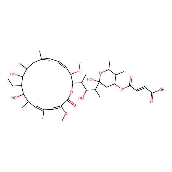 2D Structure of (E)-4-[(2R,4R,5S,6R)-2-[(2R,3R,4R)-4-[(2R,3R,4E,6E,9S,10R,11S,12R,13S,14E,16Z)-11-ethyl-10,12-dihydroxy-3,17-dimethoxy-7,9,13,15-tetramethyl-18-oxo-1-oxacyclooctadeca-4,6,14,16-tetraen-2-yl]-3-hydroxypentan-2-yl]-2-hydroxy-5,6-dimethyloxan-4-yl]oxy-4-oxobut-2-enoic acid