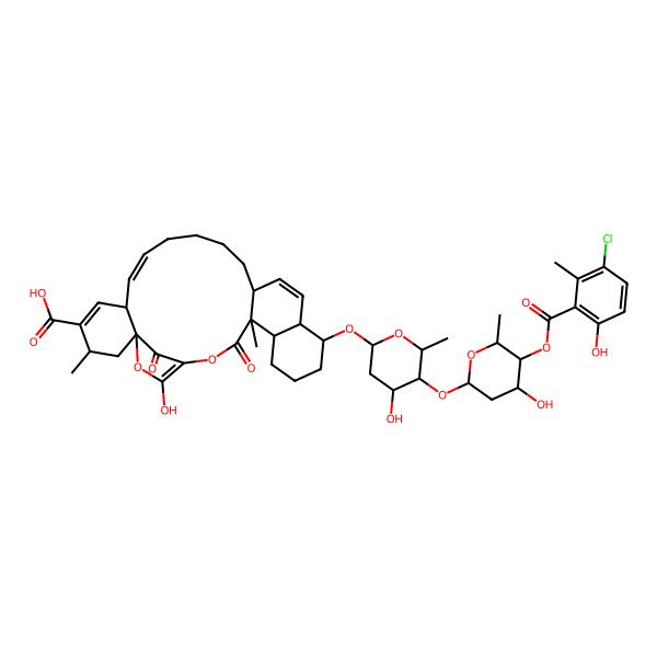 2D Structure of (3R,6R,7Z,13R,16S,17S,21R,22R)-17-[(2S,4R,5S,6R)-5-[(2R,4R,5S,6R)-5-(3-chloro-6-hydroxy-2-methylbenzoyl)oxy-4-hydroxy-6-methyloxan-2-yl]oxy-4-hydroxy-6-methyloxan-2-yl]oxy-26-hydroxy-3,22-dimethyl-23,28-dioxo-24,27-dioxapentacyclo[23.2.1.01,6.013,22.016,21]octacosa-4,7,14,25-tetraene-4-carboxylic acid