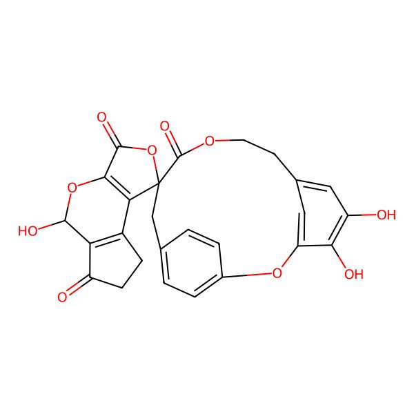 2D Structure of (8'S,12R)-4,5,8'-trihydroxyspiro[2,10-dioxatricyclo[12.2.2.13,7]nonadeca-1(16),3(19),4,6,14,17-hexaene-12,3'-4,7-dioxatricyclo[7.3.0.02,6]dodeca-1(9),2(6)-diene]-5',10',11-trione