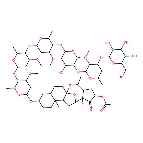 2D Structure of [(1S,4S,6S,9S,10R,12R,13S,15S,17R,18S)-6-[(2R,4S,5R,6R)-5-[(2S,4S,5R,6R)-5-[(2S,4R,5R,6R)-5-[(2S,4S,5S,6R)-4-hydroxy-5-[(2S,3S,4R,6R)-3-methoxy-6-methyl-4-[(2R,3R,4S,5S,6R)-3,4,5-trihydroxy-6-(hydroxymethyl)oxan-2-yl]oxyoxan-2-yl]oxy-6-methyloxan-2-yl]oxy-4-methoxy-6-methyloxan-2-yl]oxy-4-methoxy-6-methyloxan-2-yl]oxy-4-methoxy-6-methyloxan-2-yl]oxy-9,13,18-trimethyl-14-oxo-19,20-dioxapentacyclo[10.7.1.01,10.04,9.013,17]icosan-15-yl] acetate