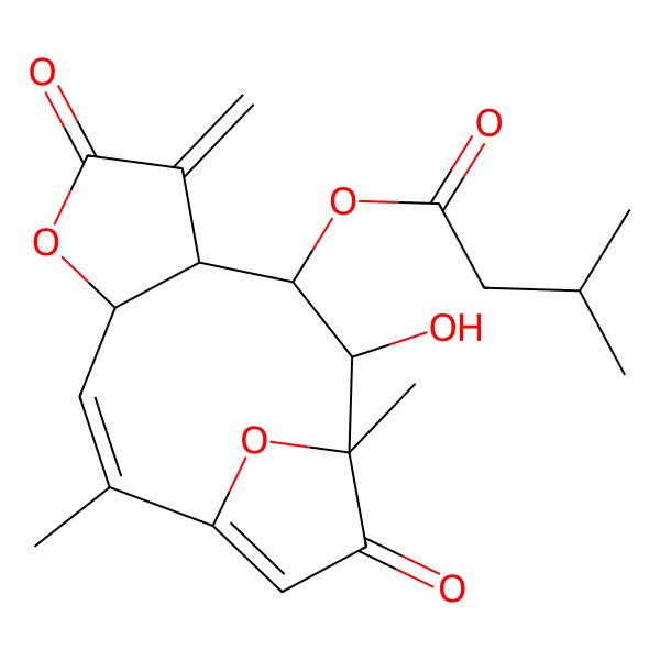 2D Structure of [(2Z,4R,8S,9S,10R,11S)-10-hydroxy-2,11-dimethyl-7-methylidene-6,12-dioxo-5,14-dioxatricyclo[9.2.1.04,8]tetradeca-1(13),2-dien-9-yl] 3-methylbutanoate