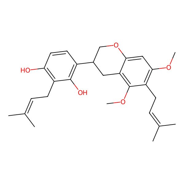 2D Structure of 4-[(3S)-5,7-dimethoxy-6-(3-methylbut-2-enyl)-3,4-dihydro-2H-chromen-3-yl]-2-(3-methylbut-2-enyl)benzene-1,3-diol
