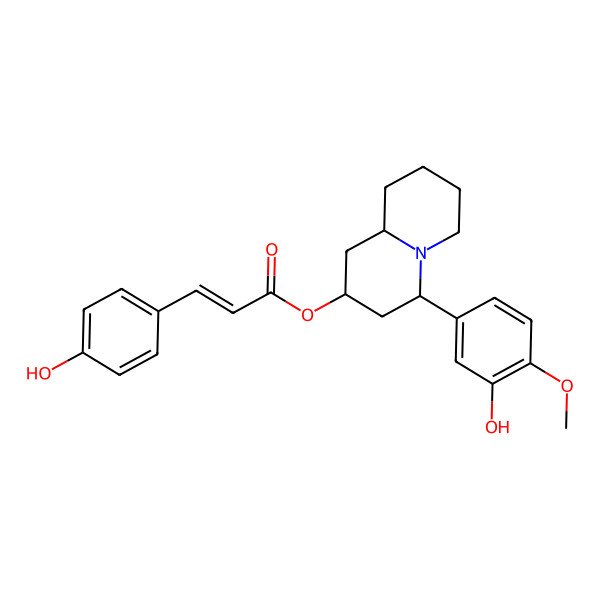 2D Structure of [(2S,4R,9aS)-4-(3-hydroxy-4-methoxyphenyl)-2,3,4,6,7,8,9,9a-octahydro-1H-quinolizin-2-yl] (E)-3-(4-hydroxyphenyl)prop-2-enoate