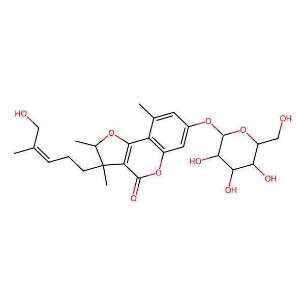 2D Structure of 3-(5-hydroxy-4-methylpent-3-enyl)-2,3,9-trimethyl-7-[3,4,5-trihydroxy-6-(hydroxymethyl)oxan-2-yl]oxy-2H-furo[3,2-c]chromen-4-one