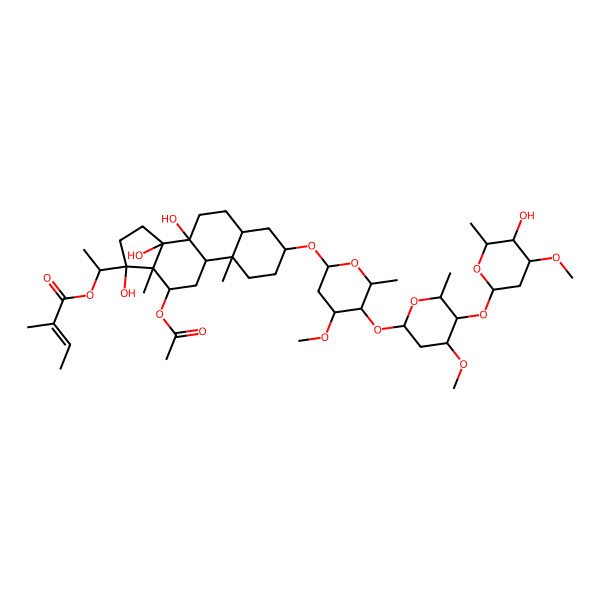 2D Structure of [(1R)-1-[(3S,5S,8S,9R,10S,12R,13R,14R,17S)-12-acetyloxy-8,14,17-trihydroxy-3-[(2R,4S,5R,6R)-5-[(2S,4S,5R,6R)-5-[(2S,4R,5R,6R)-5-hydroxy-4-methoxy-6-methyloxan-2-yl]oxy-4-methoxy-6-methyloxan-2-yl]oxy-4-methoxy-6-methyloxan-2-yl]oxy-10,13-dimethyl-1,2,3,4,5,6,7,9,11,12,15,16-dodecahydrocyclopenta[a]phenanthren-17-yl]ethyl] (E)-2-methylbut-2-enoate