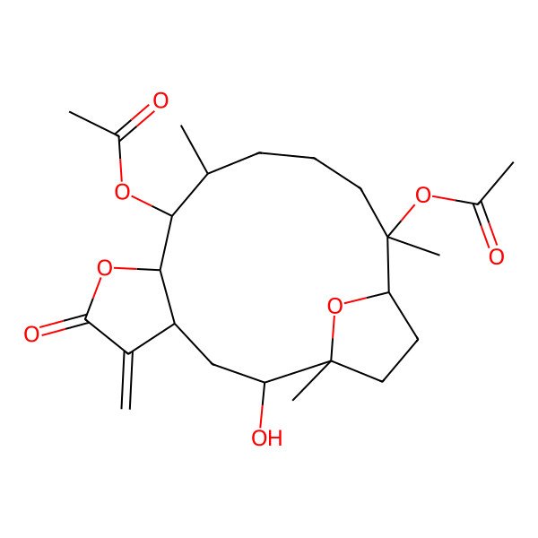 2D Structure of (3aS,5R,6S,9R,10S,14S,15R,15aR)-3-Methylene-5-hydroxy-6,10,14-trimethyl-10,15-diacetoxytetradecahydro-6,9-epoxycyclotetradeca[b]furan-2(3H)-one