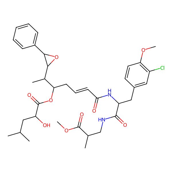 2D Structure of [7-[[3-(3-Chloro-4-methoxyphenyl)-1-[(3-methoxy-2-methyl-3-oxopropyl)amino]-1-oxopropan-2-yl]amino]-7-oxo-2-(3-phenyloxiran-2-yl)hept-5-en-3-yl] 2-hydroxy-4-methylpentanoate
