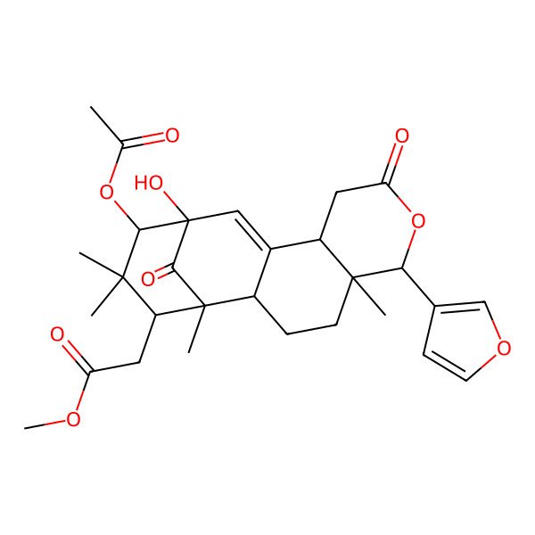 2D Structure of methyl 2-[(1S,2S,5R,6R,10S,13S,14S,16S)-14-acetyloxy-6-(furan-3-yl)-13-hydroxy-1,5,15,15-tetramethyl-8,17-dioxo-7-oxatetracyclo[11.3.1.02,11.05,10]heptadec-11-en-16-yl]acetate
