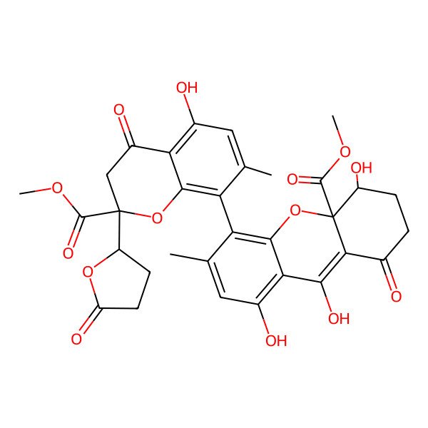2D Structure of methyl 4,8,9-trihydroxy-5-[5-hydroxy-2-methoxycarbonyl-7-methyl-4-oxo-2-(5-oxooxolan-2-yl)-3H-chromen-8-yl]-6-methyl-1-oxo-3,4-dihydro-2H-xanthene-4a-carboxylate