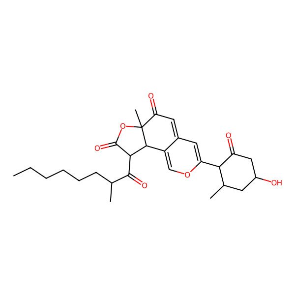 2D Structure of 3-(4-Hydroxy-2-methyl-6-oxocyclohexyl)-6a-methyl-9-(2-methyloctanoyl)-9,9a-dihydrofuro[2,3-h]isochromene-6,8-dione