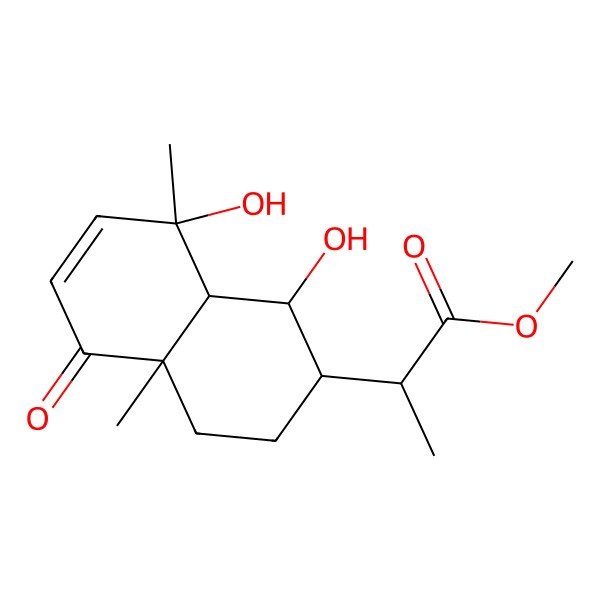 2D Structure of methyl (2R)-2-[(1R,2R,4aS,8S,8aR)-1,8-dihydroxy-4a,8-dimethyl-5-oxo-2,3,4,8a-tetrahydro-1H-naphthalen-2-yl]propanoate