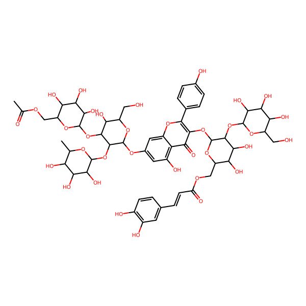 2D Structure of [(2R,3S,4S,5R,6S)-6-[7-[(2S,3R,4S,5R,6R)-4-[(2S,3R,4S,5S,6R)-6-(acetyloxymethyl)-3,4,5-trihydroxyoxan-2-yl]oxy-5-hydroxy-6-(hydroxymethyl)-3-[(2S,3R,4R,5R,6S)-3,4,5-trihydroxy-6-methyloxan-2-yl]oxyoxan-2-yl]oxy-5-hydroxy-2-(4-hydroxyphenyl)-4-oxochromen-3-yl]oxy-3,4-dihydroxy-5-[(2S,3R,4S,5S,6R)-3,4,5-trihydroxy-6-(hydroxymethyl)oxan-2-yl]oxyoxan-2-yl]methyl (E)-3-(3,4-dihydroxyphenyl)prop-2-enoate