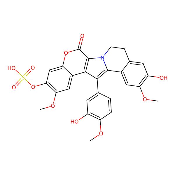 2D Structure of [17-Hydroxy-12-(3-hydroxy-4-methoxyphenyl)-8,16-dimethoxy-3-oxo-4-oxa-1-azapentacyclo[11.8.0.02,11.05,10.014,19]henicosa-2(11),5,7,9,12,14,16,18-octaen-7-yl] hydrogen sulfate