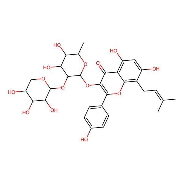 2D Structure of 3-[4,5-dihydroxy-6-methyl-3-[(2R)-3,4,5-trihydroxyoxan-2-yl]oxyoxan-2-yl]oxy-5,7-dihydroxy-2-(4-hydroxyphenyl)-8-(3-methylbut-2-enyl)chromen-4-one
