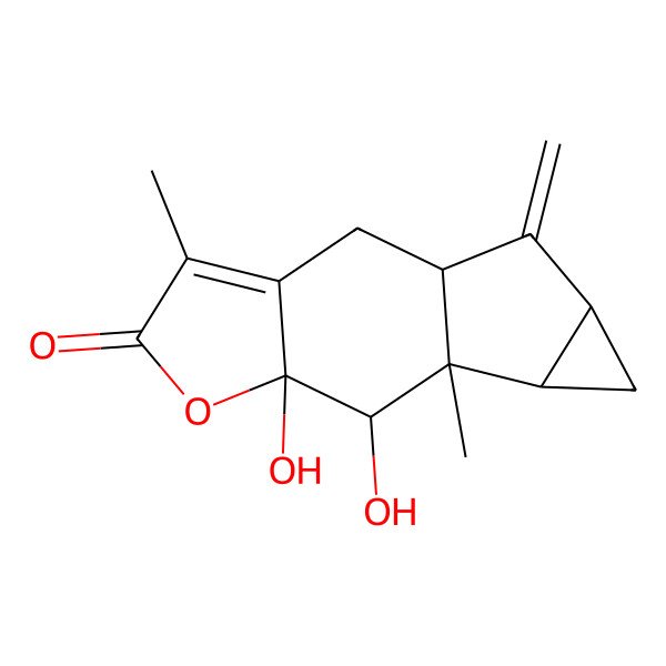 2D Structure of (1R,7S,8R,9S,10R,12S)-7,8-dihydroxy-4,9-dimethyl-13-methylidene-6-oxatetracyclo[7.4.0.03,7.010,12]tridec-3-en-5-one