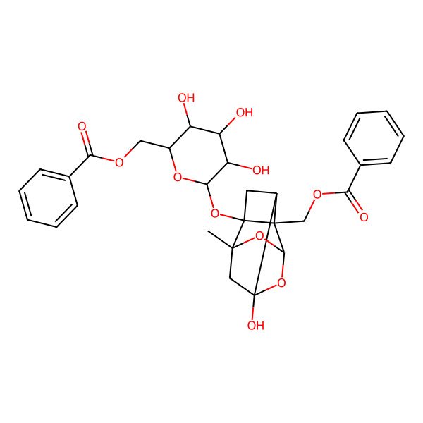2D Structure of [(2R,3R,4S,5R,6S)-6-[[(1S,2R,3S,5S,6S,8R)-2-(benzoyloxymethyl)-6-hydroxy-8-methyl-9,10-dioxatetracyclo[4.3.1.02,5.03,8]decan-3-yl]oxy]-3,4,5-trihydroxyoxan-2-yl]methyl benzoate