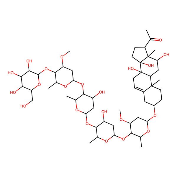 2D Structure of 1-[(3S,8S,9R,10R,12R,13S,14R,17R)-8,12,14-trihydroxy-3-[(2R,4S,5R,6R)-5-[(2S,4S,5S,6R)-4-hydroxy-5-[(2S,4S,5S,6R)-4-hydroxy-5-[(2S,4R,5R,6R)-4-methoxy-6-methyl-5-[(2S,3R,4S,5S,6R)-3,4,5-trihydroxy-6-(hydroxymethyl)oxan-2-yl]oxyoxan-2-yl]oxy-6-methyloxan-2-yl]oxy-6-methyloxan-2-yl]oxy-4-methoxy-6-methyloxan-2-yl]oxy-10,13-dimethyl-2,3,4,7,9,11,12,15,16,17-decahydro-1H-cyclopenta[a]phenanthren-17-yl]ethanone