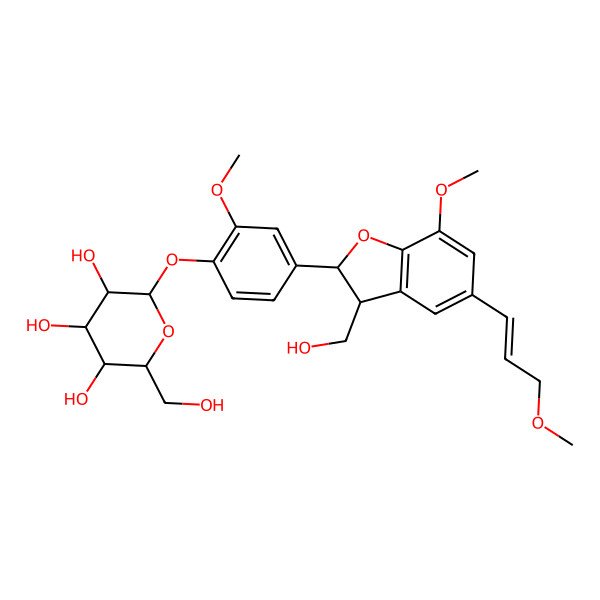 2D Structure of 2-(Hydroxymethyl)-6-[4-[3-(hydroxymethyl)-7-methoxy-5-(3-methoxyprop-1-enyl)-2,3-dihydro-1-benzofuran-2-yl]-2-methoxyphenoxy]oxane-3,4,5-triol