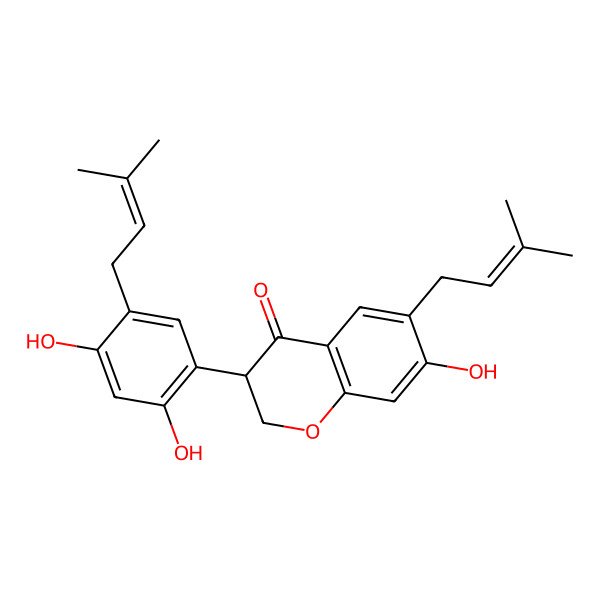 2D Structure of (3S)-3-[2,4-dihydroxy-5-(3-methylbut-2-enyl)phenyl]-7-hydroxy-6-(3-methylbut-2-enyl)-2,3-dihydrochromen-4-one