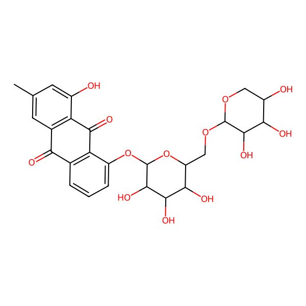 2D Structure of 1-hydroxy-3-methyl-8-[(2S,3R,4S,5S,6R)-3,4,5-trihydroxy-6-[[(2S,3R,4S,5R)-3,4,5-trihydroxyoxan-2-yl]oxymethyl]oxan-2-yl]oxyanthracene-9,10-dione