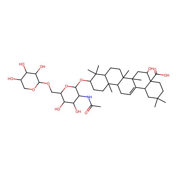 2D Structure of 10-[3-Acetamido-4,5-dihydroxy-6-[(3,4,5-trihydroxyoxan-2-yl)oxymethyl]oxan-2-yl]oxy-5-hydroxy-2,2,6a,6b,9,9,12a-heptamethyl-1,3,4,5,6,6a,7,8,8a,10,11,12,13,14b-tetradecahydropicene-4a-carboxylic acid