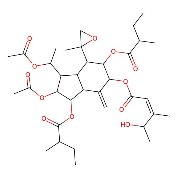 2D Structure of [(1S,2R,3S,3aR,5S,6R,7S,7aS)-2-acetyloxy-1-[(1S)-1-acetyloxyethyl]-3,6-bis[[(2R)-2-methylbutanoyl]oxy]-4-methylidene-7-[(2S)-2-methyloxiran-2-yl]-1,2,3,3a,5,6,7,7a-octahydroinden-5-yl] (E,4S)-4-hydroxy-3-methylpent-2-enoate