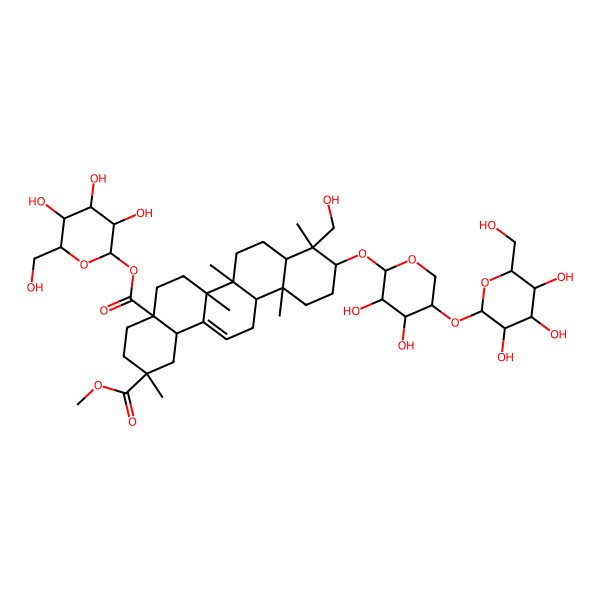 2D Structure of 2-O-methyl 4a-O-[(2S,3R,4S,5S,6R)-3,4,5-trihydroxy-6-(hydroxymethyl)oxan-2-yl] (2S,4aR,6aR,6aS,6bR,8aR,9R,10S,12aR,14bS)-10-[(2S,3R,4R,5R)-3,4-dihydroxy-5-[(3R,4S,5S,6R)-3,4,5-trihydroxy-6-(hydroxymethyl)oxan-2-yl]oxyoxan-2-yl]oxy-9-(hydroxymethyl)-2,6a,6b,9,12a-pentamethyl-1,3,4,5,6,6a,7,8,8a,10,11,12,13,14b-tetradecahydropicene-2,4a-dicarboxylate