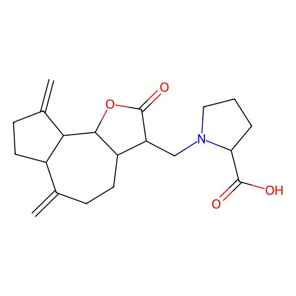 2D Structure of (2R)-1-[[(3R,3aS,6aR,9aR,9bS)-6,9-dimethylidene-2-oxo-3a,4,5,6a,7,8,9a,9b-octahydro-3H-azuleno[4,5-b]furan-3-yl]methyl]pyrrolidine-2-carboxylic acid