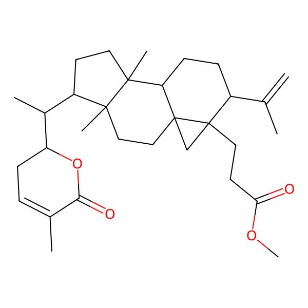 2D Structure of methyl 3-[(1S,4R,5R,8S,9S,12S,13R)-4,8-dimethyl-5-[(1S)-1-[(2R)-5-methyl-6-oxo-2,3-dihydropyran-2-yl]ethyl]-12-prop-1-en-2-yl-13-tetracyclo[7.5.0.01,13.04,8]tetradecanyl]propanoate
