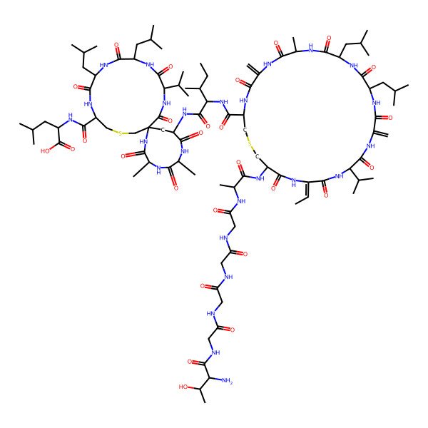 2D Structure of (2S)-2-[[(3S,6S,9S,11S,14S,17S,20S,23R)-9-[[(2S,3S)-2-[[(3R,9S,12S,15S,21S,24Z,27S)-27-[[(2S)-2-[[2-[[2-[[2-[[2-[[(2S,3R)-2-amino-3-hydroxybutanoyl]amino]acetyl]amino]acetyl]amino]acetyl]amino]acetyl]amino]propanoyl]amino]-24-ethylidene-9-methyl-6,18-dimethylidene-12,15-bis(2-methylpropyl)-5,8,11,14,17,20,23,26-octaoxo-21-propan-2-yl-1-thia-4,7,10,13,16,19,22,25-octazacyclooctacosane-3-carbonyl]amino]-3-methylpentanoyl]amino]-3,6-dimethyl-17,20-bis(2-methylpropyl)-2,5,8,12,15,18,21-heptaoxo-14-propan-2-yl-25-thia-1,4,7,13,16,19,22-heptazaspiro[10.15]hexacosane-23-carbonyl]amino]-4-methylpentanoic acid