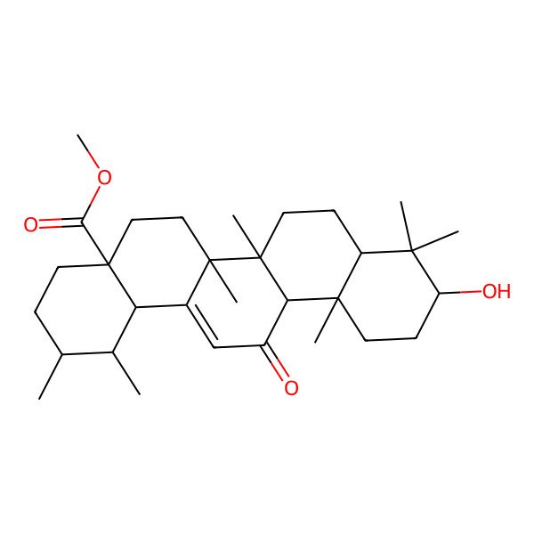2D Structure of methyl (1S,2R,4aS,6aR,6aS,6bR,8aR,10S,12aS,14bS)-10-hydroxy-1,2,6a,6b,9,9,12a-heptamethyl-13-oxo-1,2,3,4,5,6,6a,7,8,8a,10,11,12,14b-tetradecahydropicene-4a-carboxylate